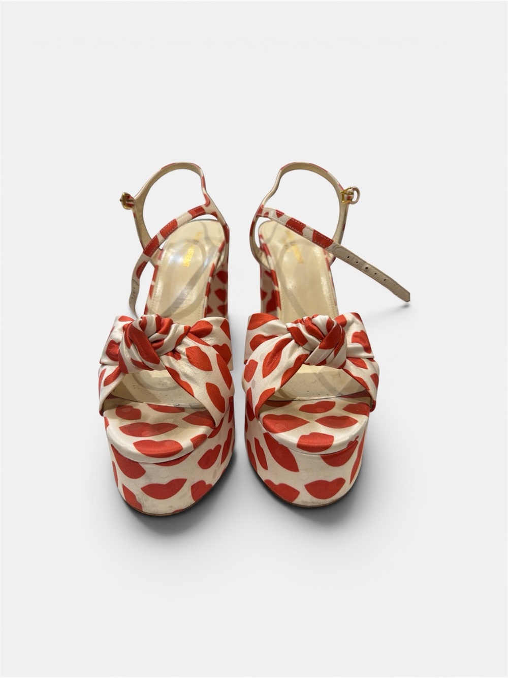 Saint Laurent Cream and Red Knotted Platform Lip print Silk Sandals